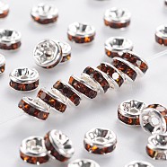 Brass Grade A Rhinestone Spacer Beads, Silver Metal Color, Nickel Free, Light Colorado Topaz, 5x2.5mm, Hole: 1mm(RSB035NF-05)
