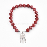 Natural Red Jasper Beads Charm Bracelets, with Brass Findings, Woven Net/Web with Feather, 2 inch(5.2cm), Pendant: 24x10.5x2mm(BJEW-O162-D07)