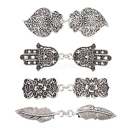 AHADEMAKER Heart & Feather & Flower & Hamsa Hand Vintage Alloy Cardigan Clips, Sweater Collar Badges with Iron Clips, Antique Silver & Platinum, 75~88mm, 4 styles, 1pc/style, 4pcs/set, 1 set/box(JEWB-GA0001-11)