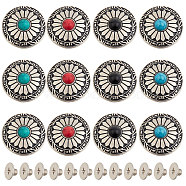 12Pcs 4 Colors 1-Hole Alloy & Turquoise Buttons, Flat Round with Sunflowers Pattern, for DIY Luggage and Hardware Accessaries, Mixed Color, 30x10.3~10.8mm, Hole: 2.5mm, 3pcs/color(FIND-GF0003-46)