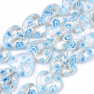 Handmade Millefiori Lampwork Beads Strands, Heart, Light Sky Blue, 11~12x12x4~5mm, Hole: 1mm, about 32~33pcs/strand, 12.72 inch~13.78 inch(32.3~35cm)(X-LAMP-N023-001J)