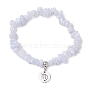 Natural Blue Lace Agate Chip Beaded Stretch Bracelets, 304 Stainless Steel Virgo Charm Bracelets for Women, Inner Diameter: 1-7/8~2-1/4 inch(4.8~5.7cm)(BJEW-JB11133-08)