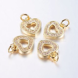 Long-Lasting Plated Brass Micro Pave Cubic Zirconia Charms, Hollow Heart, Real 18K Gold Plated, 12.5x10.5x2mm, Hole: 3mm(X-ZIRC-F069-50G)