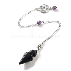 Natural Obsidian Pointed Dowsing Pendulums, with Rack Plating Brass Findings, Cone, 235mm(G-K338-12P-01)