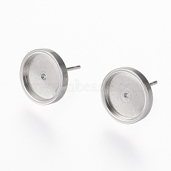 Tarnish Resistant 304 Stainless Steel Stud Earring Settings, Flat Round, Stainless Steel Color, 13x12mm, Tray: 10mm, Pin: 0.8mm(STAS-L195-02A)