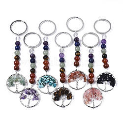 Natural Gemstone Chips Chakra Keychain, with Platinum Plated Stainless Steel Split Key Rings and Mixed Stone Round Beads, Flat Round with Tree of Life, 122mm(G-N0326-004)