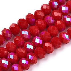 Electroplate Opaque Solid Color Glass Beads Strands, Half Rainbow Plated, Faceted, Rondelle, FireBrick, 2.3~2.7x1.5mm, Hole: 0.4mm, about 150~155pcs/strand, 32~33cm(EGLA-A034-P1mm-L21)