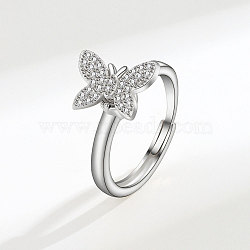 Adjustable Brass Pave Cubic Zirconia Enamel Rotating Finger Rings for Women, Butterfly, Fidget Spinner Ring for Calming Worry Meditation, Platinum, Inner Diameter: 15~20mm(FS-WGAC909-01)