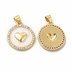 Rack Plating Brass Micro Pave Cubic Zirconia Charms, with Enamel, Cadmium Free & Lead Free, Real 18K Gold Plated, Long-Lasting Plated, Flat Round with Heart Pattern Charm, Clear, 20x17.5x3mm, Hole: 3.5x4.5mm(KK-G456-15G)