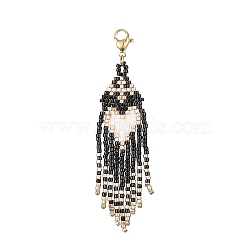 Handmade Loom Pattern Seed Beads Tassel Pendants Decoration, with 304 Stainless Steel Lobster Claw Clasps, Heart, Black, 70mm(HJEW-MZ00017)