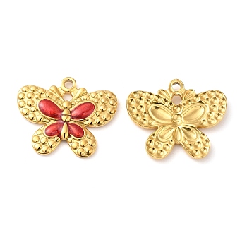 304 Stainless Steel Enamel Pendants, Real 18K Gold Plated, Butterfly Charm, Cerise, 20x24x2.5mm, Hole: 2mm