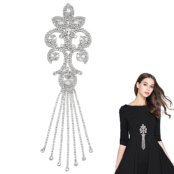 Flower Glass Rhinestone Appliques, with Tassel, for Clothing Ornament, Sewing Craft Decoration, Clear, 260x72x6mm
