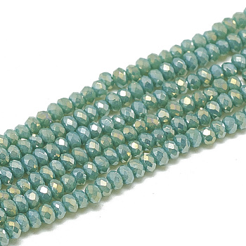 Electroplate Opaque Solid Color Glass Beads Strands, Faceted, Rondelle, Dark Cyan, 2.5x1.5mm, Hole: 0.8mm, about 160~165pcs/strand, 13.78 inch~14.17 inch(35~36cm)