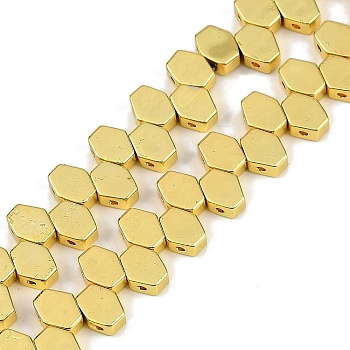 Electroplated Synthetic Non-magnetic Hematite Beads Strands, Hexagon, 2-Hole, Golden Plated, 7.5x5.5x3mm, Hole: 1mm, about 95pcs/strand, 15.16''(38.5cm)