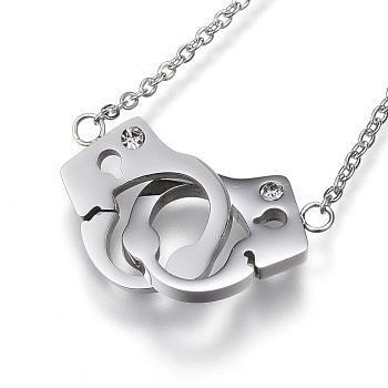 304 Stainless Steel Pendant Necklaces, with Rhinestone, Handcuffs, Stainless Steel Color, 17.32 inch(44cm)
