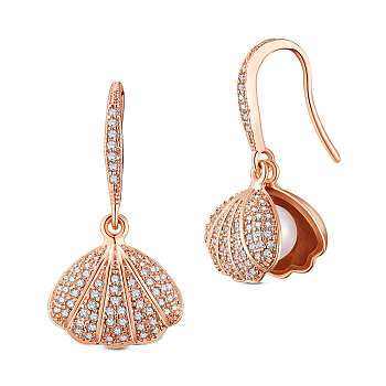 SHEGRACE Brass Dangle Earrings, with Cubic Zirconia and Pearl, Shell, Rose Gold, 25.5mm, Shell: 13x9.5mm