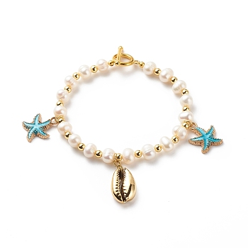 Natural Shell & Alloy Enamel Starfish Charms Bracelet, Natural Pearl Beads Bracelet for Women, Gold, 7 inch(17.9cm)