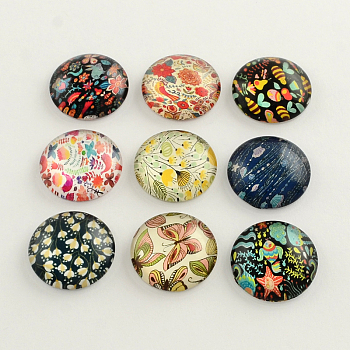 Flatback Half Round Insect and Plants Pattern Glass Dome Cabochons, for DIY Projects, Mixed Color, 14x4mm