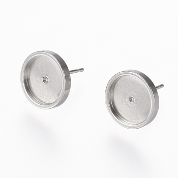 304 Stainless Steel Stud Earring Settings, Flat Round, Stainless Steel Color, 13x12mm, Tray: 10mm, Pin: 0.8mm