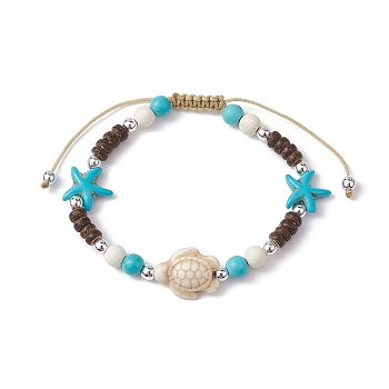 Starfish & Tortoise Synthetic Turquoise Braided Bead Bracelet, Nylon Cord Adjustable Bracelets, Floral White, Inner Diameter: 2-1/8~3-1/8 inch(5.45~7.8cm)