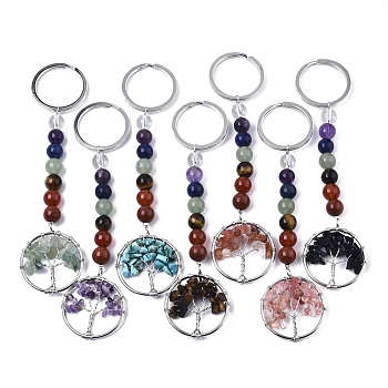 Natural Gemstone Chips Chakra Keychain, with Platinum Plated Stainless Steel Split Key Rings and Mixed Stone Round Beads, Flat Round with Tree of Life, 122mm