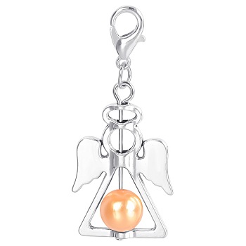 Alloy Angel Pendant Decorations, with CCB Imitation Pearl, Orange, 4.4x1.9cm