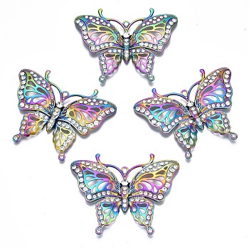 Rack Plating Rainbow Color Alloy Big Pendants, with Crystal Rhinestone, Cadmium Free & Nickel Free & Lead Free, Butterfly, 62x78x6mm, Hole: 3mm