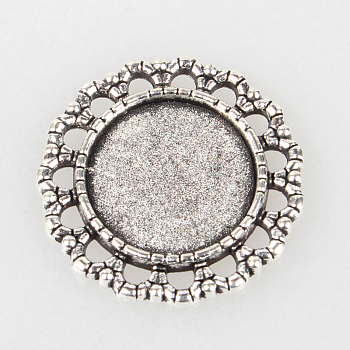 Tibetan Style Alloy Pendant Cabochon Settings, Cadmium Free & Lead Free, Flat Round, Antique Silver, Tray: 16mm, 25x2mm, Hole: 1.8mm, about 290pcs/kg