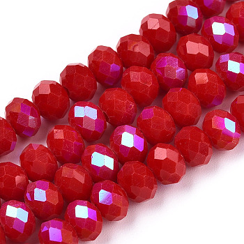 Electroplate Opaque Solid Color Glass Beads Strands, Half Rainbow Plated, Faceted, Rondelle, FireBrick, 2.3~2.7x1.5mm, Hole: 0.4mm, about 135~140pcs/strand, 26~27cm