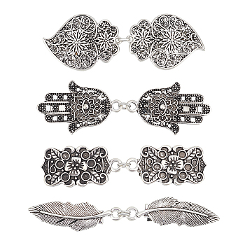 AHADEMAKER Heart & Feather & Flower & Hamsa Hand Vintage Alloy Cardigan Clips, Sweater Collar Badges with Iron Clips, Antique Silver & Platinum, 75~88mm, 4 styles, 1pc/style, 4pcs/set, 1 set/box