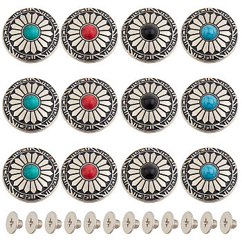12Pcs 4 Colors 1-Hole Alloy & Turquoise Buttons, Flat Round with Sunflowers Pattern, for DIY Luggage and Hardware Accessaries, Mixed Color, 30x10.3~10.8mm, Hole: 2.5mm, 3pcs/color