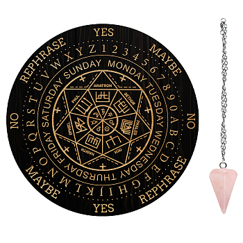 AHADEMAKER 1Pc Wood Pendulum Board, 1Pc 304 Stainless Steel Cable Chain Necklaces, 1Pc Natural Rose Quartz Stone Pendants, for Witchcraft Wiccan Altar Supplies, Number, Board: 200x4mm
