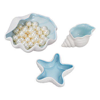 3Pcs 3 Styles Ocean-themed Ceramic Jewelry Plate, Storage Tray for Rings, Necklaces, Earring, Mixed Shapes, 136~170x71~180x33~60mm, 1pc/style