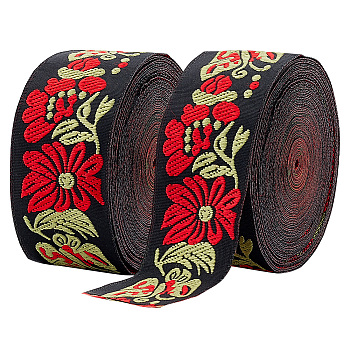 Ethnic Style Embroidery Polyester Ribbons, Jacquard Ribbon, Garment Accessories, Floral Pattern, Red, 1-1/4 inch(33mm), about 7.44 Yards(6.8m)/Bundle