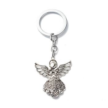 Tibetan Style Alloy Pendants Keychains, with Alloy Split Key Rings and Iron Open Jump Rings, Angel, Antique Silver, 10.2cm
