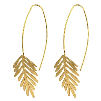 Ion Plating(IP) 304 Stainless Steel Earrings for Women, Leaf, Real 18K Gold Plated, 64.5x22mm