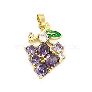 Brass Micro Pave Clear Cubic Zirconia Pendants, with Purple Glass, Grape Charm, Real 18K Gold Plated, 24.5x17x3.5mm, Hole: 5x2.5mm(KK-I695-073G)