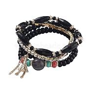Alloy Rhinestone Cup Chain & Multi-layered Stretch Bracelets Sets, Stackable Bracelets, with Acrylic Beads, Golden Plated Alloy Findings, Eiffel Tower, Black, Inner Diameter: 2-1/8~2-3/8 inch(5.5~5.9cm), 4pcs/set(BJEW-SZ0001-012B)