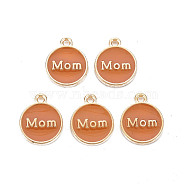 Alloy Enamel Charms, Cadmium Free & Lead Free, Light Gold, Flat Round with Mom, Chocolate, 14.5x12x2mm, Hole: 1.4mm(X1-ENAM-T016-11F-RS)