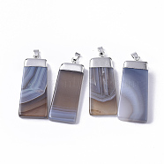 Top Platinum Plated Natural Grey Agate Big Pendants, with Platinum Plated Iron Pinch Bail, Trapezoid, Light Grey, 51.5~55x22~24x5~10mm, Hole: 7x4mm(G-S359-026E)