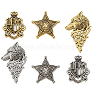 6Pcs 6 Style Sirius Theme Alloy Brooches, Star & Wolf & Shield Badges for Costume Accessories, Mixed Color, 36.5~55x30~36.5x4~7mm, 1Pc/style(JEWB-FG0001-14)