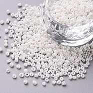 12/0 Glass Seed Beads, Opaque Colors Lustered, Round, Round Hole, White, 12/0, 2mm, Hole: 1mm, about 3333pcs/50g, 50g/bag, 18bags/2pounds(SEED-US0003-2mm-121)