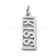 304 Stainless Steel Pendants, with Jump Rings, Laser Cut, Rectangle with Word KISS Charm, Stainless Steel Color, 19.5x7x1mm, Hole: 3mm(STAS-C097-64P)
