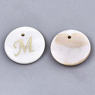Natural Freshwater Shell Pendants, with Golden Plated Brass Etched Metal Embellishments, Flat Round with Letter, Letter.M, 15x2mm, Hole: 1.2mm(X-SHEL-N027-04M)