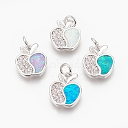 Brass Micro Pave Cubic Zirconia Pendants, with Synthetic Opal, Apple, Mixed Color, Platinum, 16x13x2mm, Hole: 4mm(KK-O107-24P)