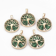 Synthetic Malachite Pendants, with Brass Findings, Flat Round with Tree of Life, Dyed, Golden, 30.5x27x8mm, Hole: 7x3mm(G-S292-10A-G)