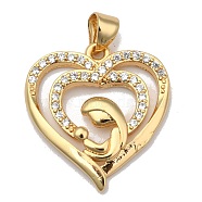 Brass Micro Pave Clear Cubic Zirconia Pendants, Long-Lasting Plated, for Mother's Day, Heart with Mother and Son, Real 18K Gold Plated, 21.5x20x3mm, Hole: 3.5x4mm(ZIRC-A013-48G)
