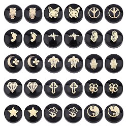 ARRICRAFT 30Pcs 15 Style Handmade Lampwork Beads, with Golden Plated Brass Etched Metal Embellishments, Flat Round with Mixed Pattern, Black, 8x5~6mm, Hole: 0.8mm, 2pcs/style(LAMP-AR0001-20)
