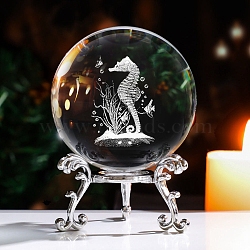 Inner Carving Sea Horse Glass Crystal Ball Diaplay Decoration, with Alloy Pedestal, Fengshui Home Decor, Clear, 80x80mm(PW-WG5C3D3-02)