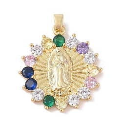 Brass Cubic Zirconia Pendants, Long-Lasting Plated, Flat Round with Holy Virgin Charms, Colorful, Golden, 32x29x3.5mm, Hole: 6x3mm(KK-Z050-06G)